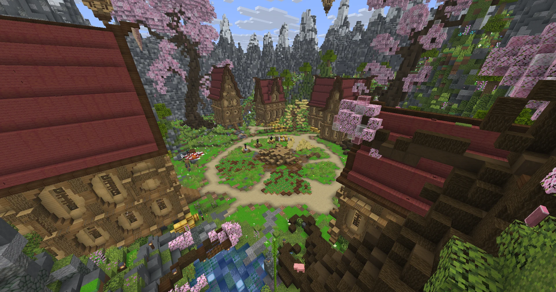 Cherry blossom trees and timber buildings in the SKYFFA lobby