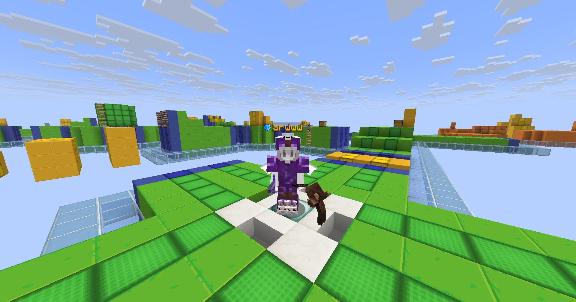 A SKYFFA player standing on the bright green arena island